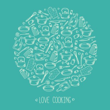 Mutfak yemek yuvarlak tasarım öğesi nane arka plan üzerinde. Elle çizilmiş mutfak aksesuarları yazı yemek aşk ile resimde daire içine alın. Toplama malzemeleri kroki tarzı yemek