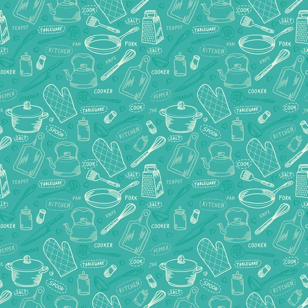 Yemek malzemeleri vektör seamless modeli. Mutfak eşyaları elle çizilmiş kroki tasarım doku
