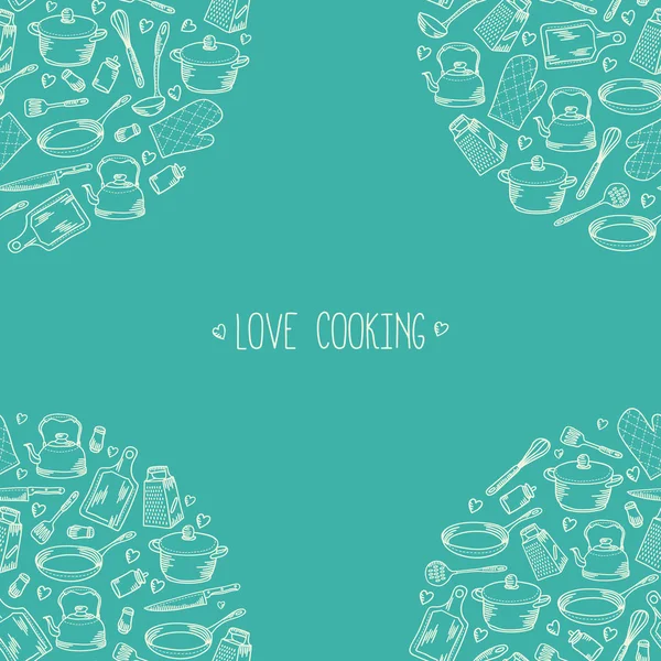 Mutfak aşçı konsept illüstrasyon. Elle çizilmiş mutfak aksesuarları şablonu ile yazı yemek aşk kartı