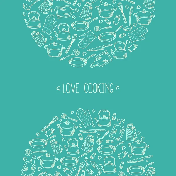 Küchenkochkonzept Illustration Hand Gezeichnet Geschirr Zubehör Kartenvorlage Mit Liebe Kochen — Stockvektor