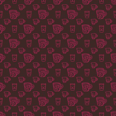 Çay ya da kahve bardak çizilmiş sorunsuz vektör desen ver. Tatlı farklı kupalar arka plan doodle. Basit doku rahat yemek için kroki ve iç tasarım paketleri