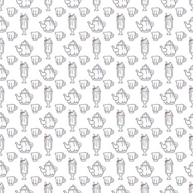 Dikişsiz desen vektör çay ve sevindirdi. Kremalı tatlılar arka plan renkleri gri ve pembe Çaydanlık ve bardak