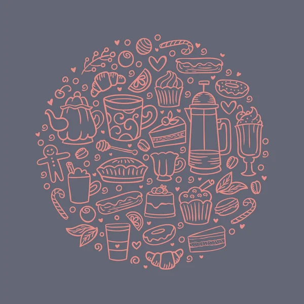 咖啡和甜点圆形手绘插图 茶和甜点涂鸦元素设置 为舒适的食品和饮料设计包收集草图细节 — 图库矢量图片