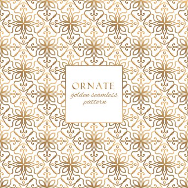 Oryantal altın ve beyaz süslü Dikişsiz desen vektör. Dekoratif el ile klasik etnik doku öğeleri çizilmiş. Geleneksel sigorta primi tasarımı ve dekorasyonu için zarif ışık lüks arka plan