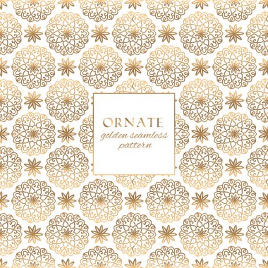 Oryantal altın ve beyaz süslü Dikişsiz desen vektör. Dekoratif el ile klasik etnik doku öğeleri çizilmiş. Geleneksel sigorta primi tasarımı ve dekorasyonu için zarif ışık lüks arka plan