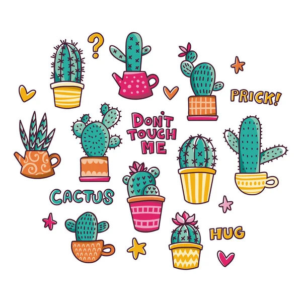 Collectie Van Vector Cute Cactussen Hand Getekende Cacti Doodle Schets — Stockvector