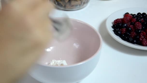 Mettez la ricotta avec des baies fraîches et du miel sur la table rose. Fromage cottage, fromage caillé ou tvorog avec des baies dans un bol. Dessert d'été, petit déjeuner ou collation santé. pot de myrtilles et framboises au miel — Video