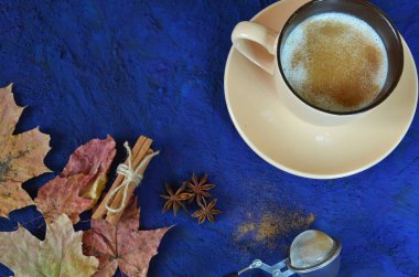 kahve kurabiye ve baharat koyu mavi arka plan üzerinde. şık kış veya sonbahar düz yatıyordu. metin için alan. rahat ruh hali sonbahar. mevsimlik tatil kavramı. Blogger.