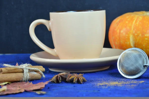 Galletas de café y especias sobre fondo azul oscuro. elegante invierno u otoño plano laico. espacio para el texto. acogedor estado de ánimo otoño. concepto de vacaciones estacionales. bloguero . — Foto de Stock