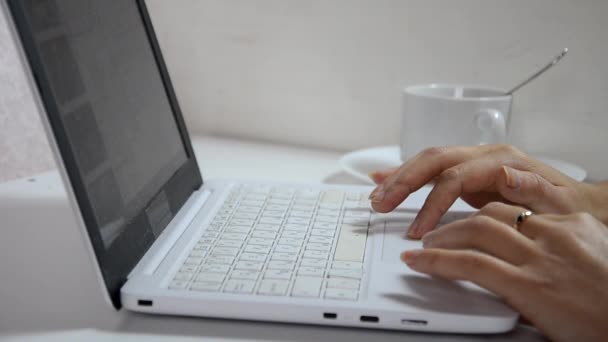 Närbild av en kvinnlig händer upptagen skriva på en laptop kopp kaffe på bakgrunden — Stockvideo