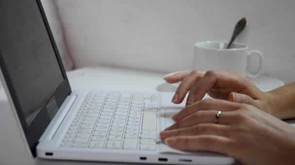Κλείσιμο μιας γυναίκας χέρια απασχολημένος πληκτρολογώντας σε ένα φλιτζάνι καφέ laptop στο παρασκήνιο — Αρχείο Βίντεο