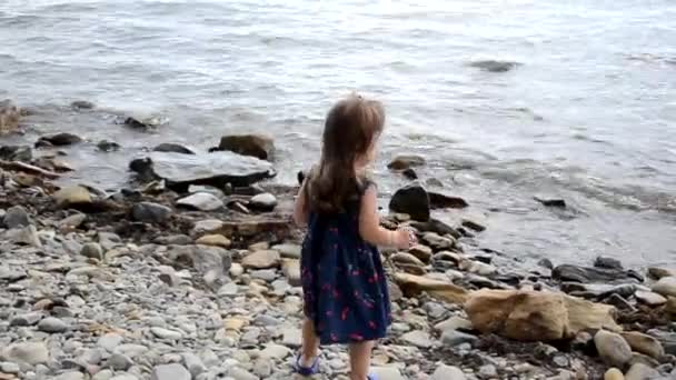 Mała dziewczynka w niebieskiej sukience i różowym kapeluszu spaceruje wzdłuż morza po kamiennym brzegu. spacery, wakacje, podróże, rodzina — Wideo stockowe