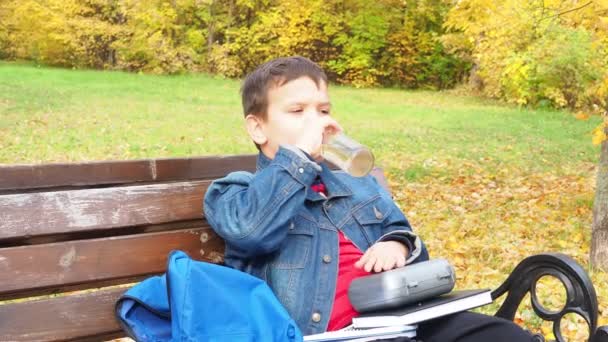 Крупный план маленького школьника, сидящего на скамейке в парке и открывающего школьный рюкзак во время обеденного перерыва. пьет воду из стеклянной бутылки — стоковое видео