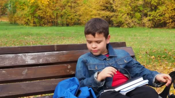 公園のベンチに座っている小さな男の子のクローズアップと、昼食休憩中に学校のバックパックを開きます。弁当箱からサンドイッチを食べて — ストック動画