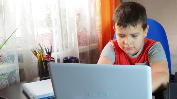 Ragazzo studia a casa al computer. istruzione remota, il bambino della scuola impara lezioni online utilizzando la trasmissione video e le tecnologie moderne, guarda lo schermo del monitor e fa i compiti, imparando online — Video Stock