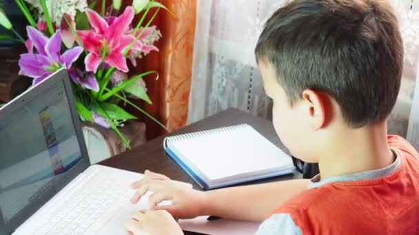 O rapaz estuda em casa no computador. educação remota, criança da escola aprende lições on-line usando radiodifusão de vídeo e tecnologias modernas, olha para a tela do monitor e fazer lição de casa, aprendizagem on-line — Vídeo de Stock