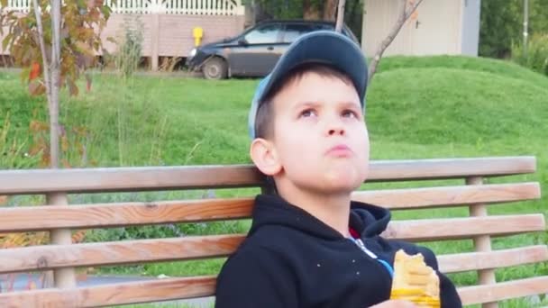 可爱的小男孩坐在长椅上，带着午餐盒在公园里。儿童健康食品和小吃。足球比赛后孩子们在户外吃早餐或午餐 — 图库视频影像
