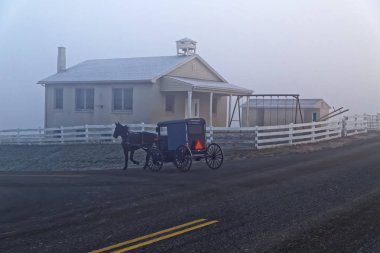 Bir ve atımı sürücüler tarafından bir Amish okul ev bir sisli kış sabahı Lancaster County, Pennsylvania, ABD.