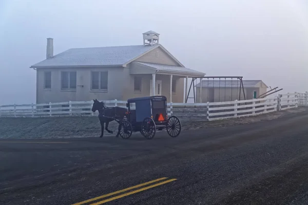 Horse Carriage Drives Amish School House Foggy Winter Morning Lancaster — Stock Photo, Image