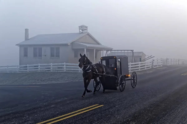 Bir ve atımı sürücüler tarafından bir Amish okul ev bir sisli kış sabahı Lancaster County, Pennsylvania, ABD.