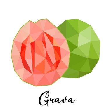 Guava. Tropikal meyve düşük poli tarzı vektör Illustration. Egzotik yiyecek poligonal tarzı. Bir baskı ürün, ambalaj için yazdırma t-shirtler, giyim, Hatıra Eşyası kullanabilmeniz için.