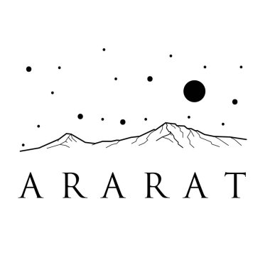 Ağrı Dağı. Siyah ve beyaz vektör çizim dağlar. Baskı tasarımı.