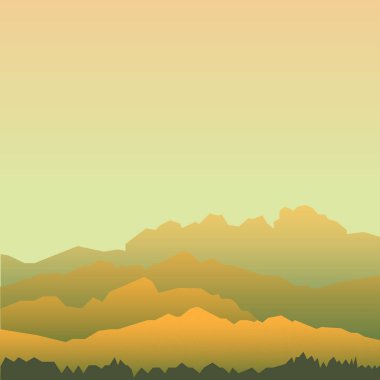 Dağ manzarası. Arka plan dağlar silueti ile. Doğa. Dağlarda bir siste vardır. Kartı Poster. Gradyan.