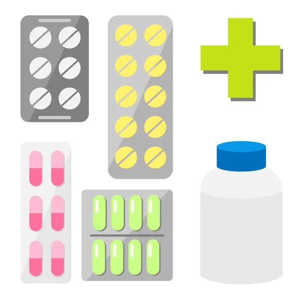Uppsättning Vektor Illustrationer Med Läkemedel Plack Och Tablett Piller — Stock vektor