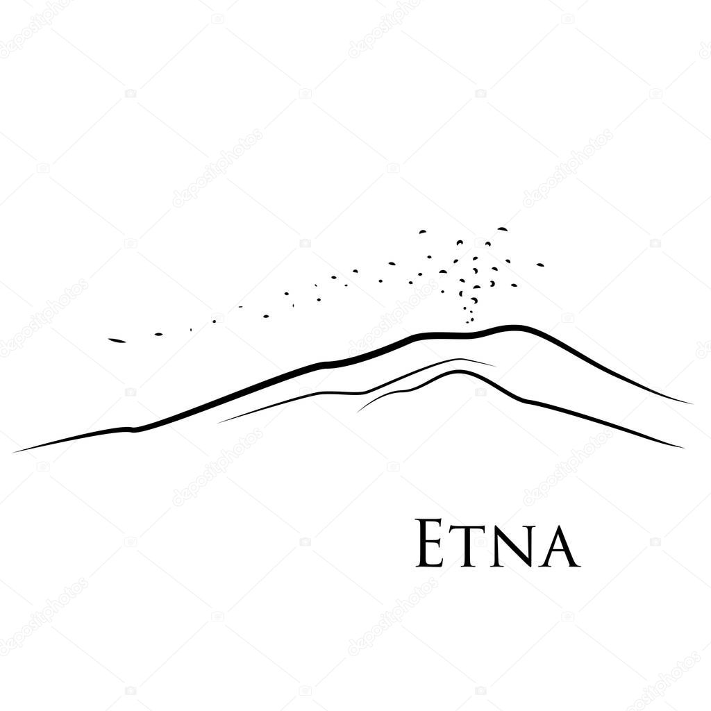 Mount Etna. Vector black and white illustration of a volcanic eruption.