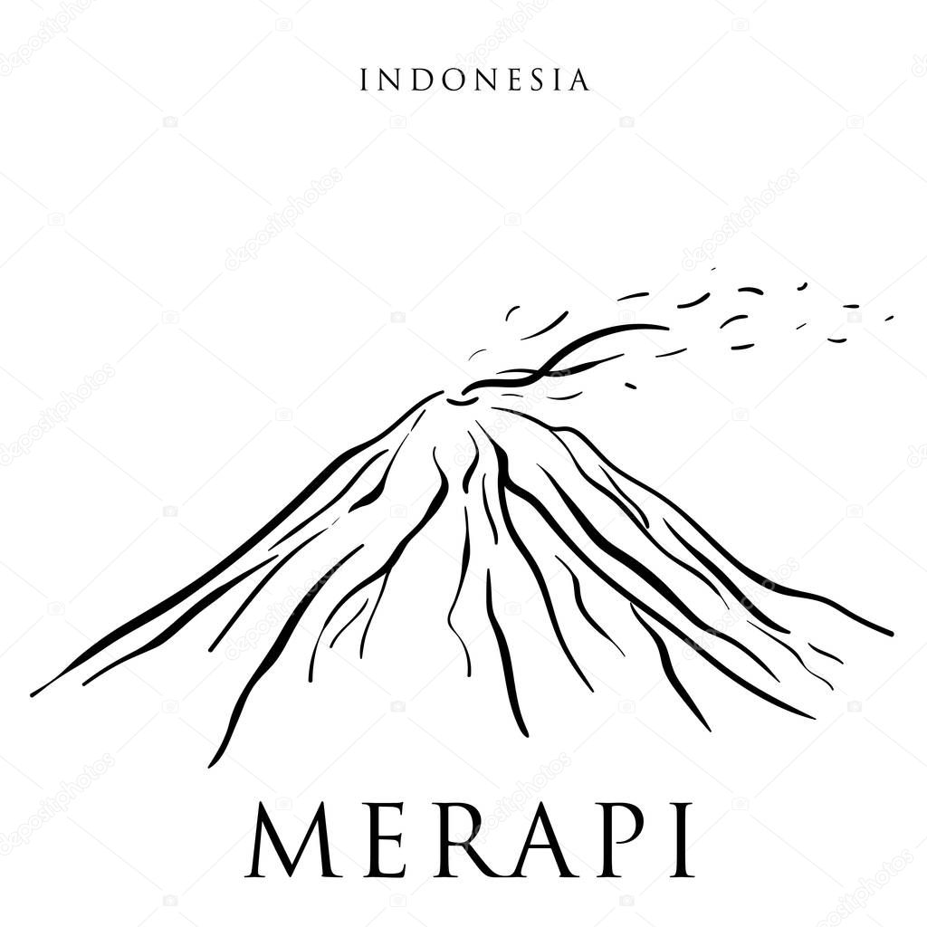 Merapi. Black and white illustration of active volcano in Indonesia. Travel, tourism, adventure. Can be used as a print for T-shirts, mugs, stickers, notepads, souvenirs. Sketch. Drawn image.