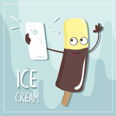 Dondurma karakter vektör Illustration. Tasarım bir çizgi film karakteri. Dondurma selfie yapar. Yaz. Bir baskı kullanılan t-shirtler, tekstil, dizüstü bilgisayarlar, Hatıra Eşyası, kitap, giyim, kartpostal için