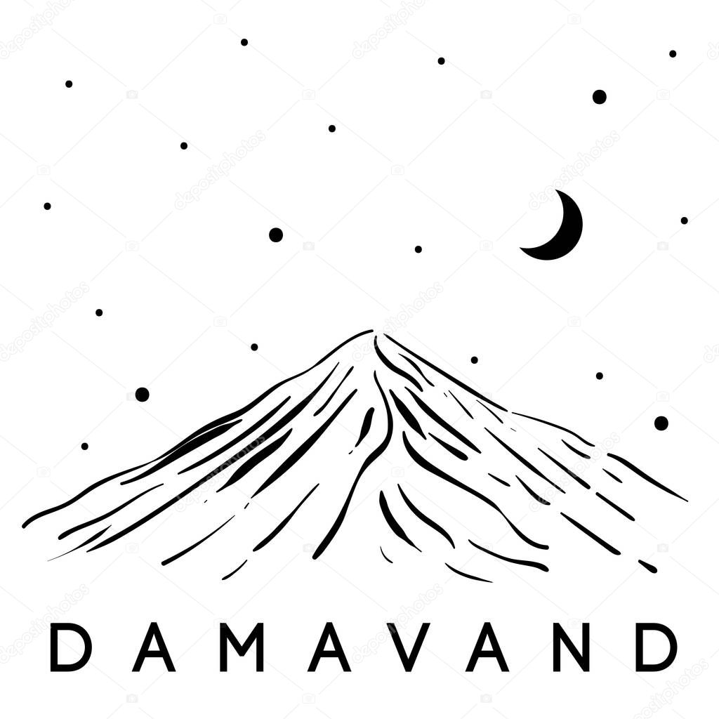 Mount Damavand. Iran. Vector black and white illustration of mountains. Can be used as a print for clothes, T-shirts, blazers, souvenirs