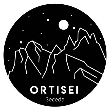Ortisei. Seceda dağlar. Seyahat, turizm. Siyah ve beyaz vektör çizim. İtalya. Hiking, trekking, kamp.