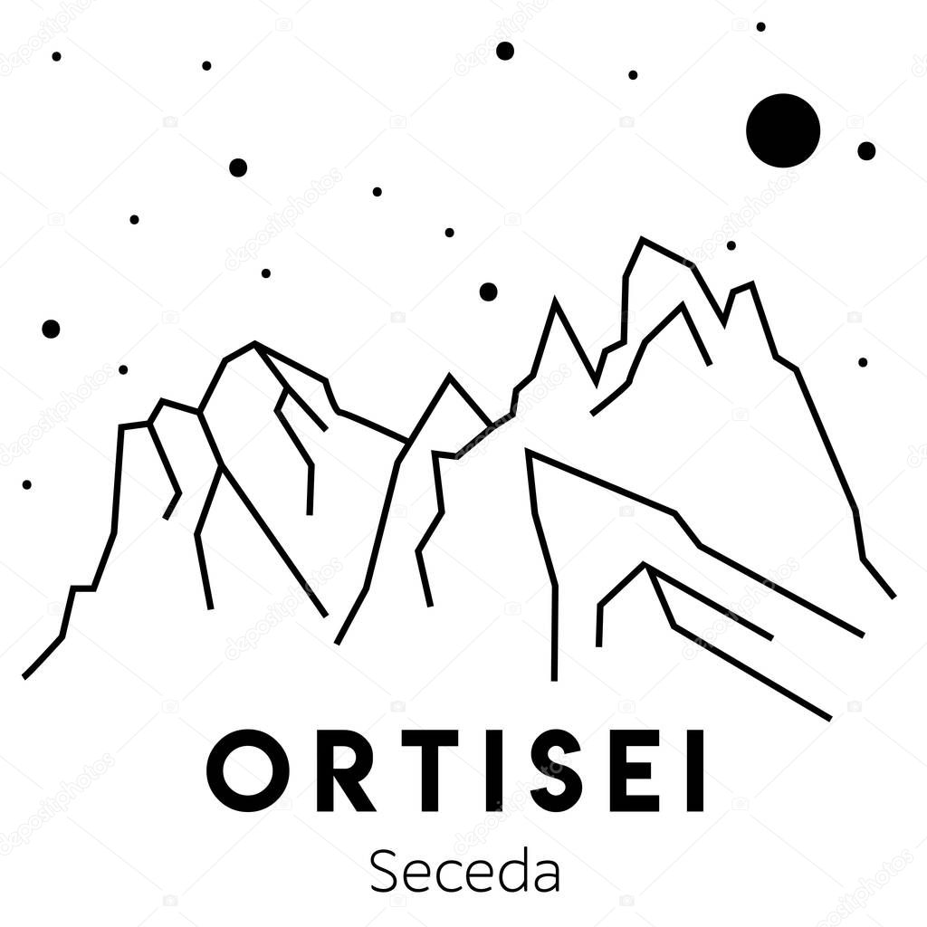 Otrisei. Seceda. Vector black ans white outline illustration of mountains in Italy. Dolomitess. Alps. Trekking and hiking. Adventure