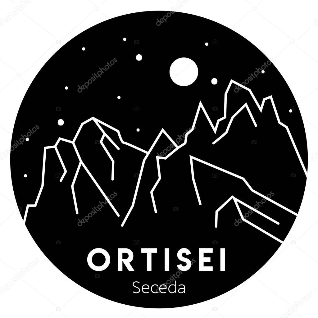 Ortisei. Seceda mountains. Travel, tourism. Vector black and white illustration. Italy. Hiking, trekking, camping.