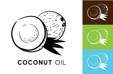 Hindistan cevizi yağı. Hindistan cevizi ile vektör çizimler kümesi. Siyah ve beyaz eskiz. Vejetaryen yiyecekler. Kozmetik için madde