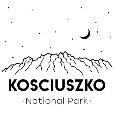 Avustralya'da Kosciuszko Dağı. Siyah ve beyaz vektör çizim. Bir baskı giyim, t-shirtler, Hatıra Eşyası için kullanılabilir. Poster, kart.