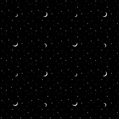 Yıldızlı gece gökyüzü ile bir ay. Kesintisiz beyaz siyah vektör desen. Koyu arka plan. Baskı tasarımı