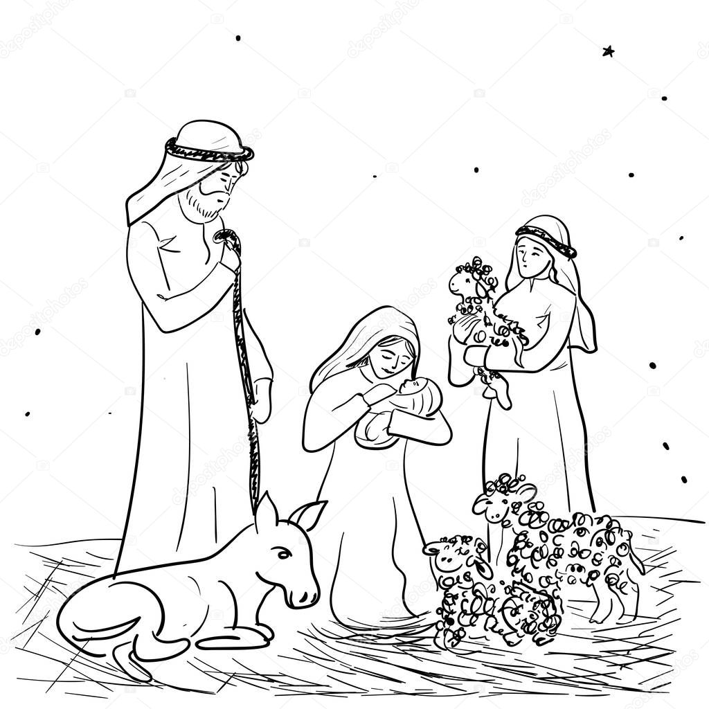 Christmas. Vector illustration of a diva of Mary with a child Jesus in her arms in a manger. Shepherds and Lambs
