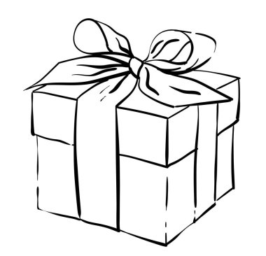 Tatil için güzel bir hediye kutusu. Vektör çizim bir hediye. Siyah ve beyaz Doğum günü, Noel, Brit Mila, Hanuka, Sevgililer günü için hediye kutusu kroki.