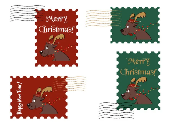 Conjunto Selos Postais Natal Vetoriais Com Veado Feliz Natal Feliz — Vetor de Stock