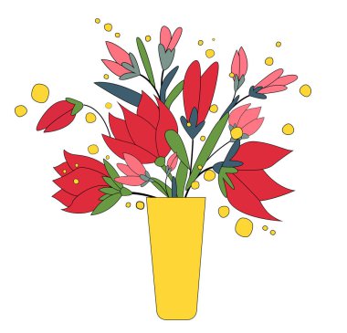 Bir buket sarı bir vazoda kırmızı çiçek. Beyaz bir arka plan üzerinde taze çiçek bir buket vektör Illustration. Floristik.