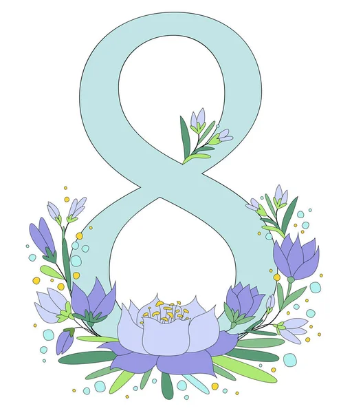 3月8日女人的一天 带春花的向量贺卡 花的花环 — 图库矢量图片