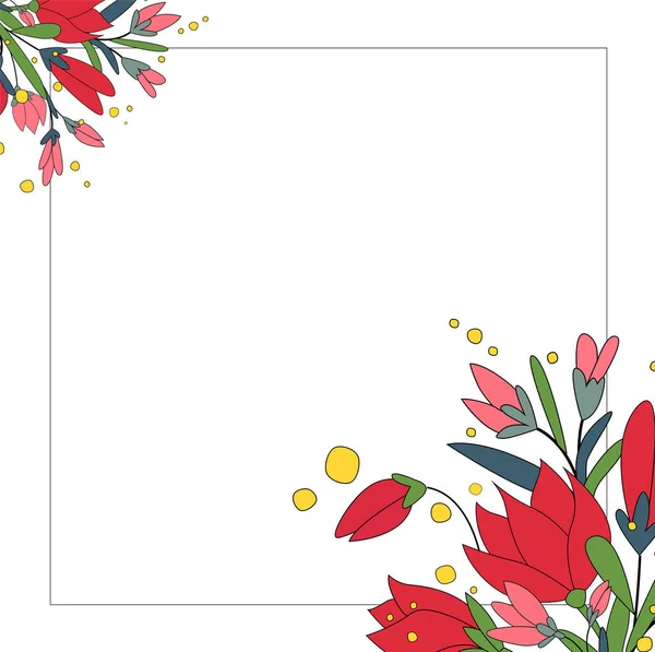Frame with flowers on a white background. Floristic. Vector illustration of a bouquet of flowers. Template for cards, greetings, invitations, posters. Spring, Summer.