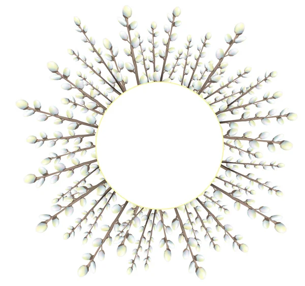 春天的花环 有柳枝 与盛开的柳树的矢量框架 模板的卡 社交媒体 圆形弹簧框架在白色 — 图库矢量图片