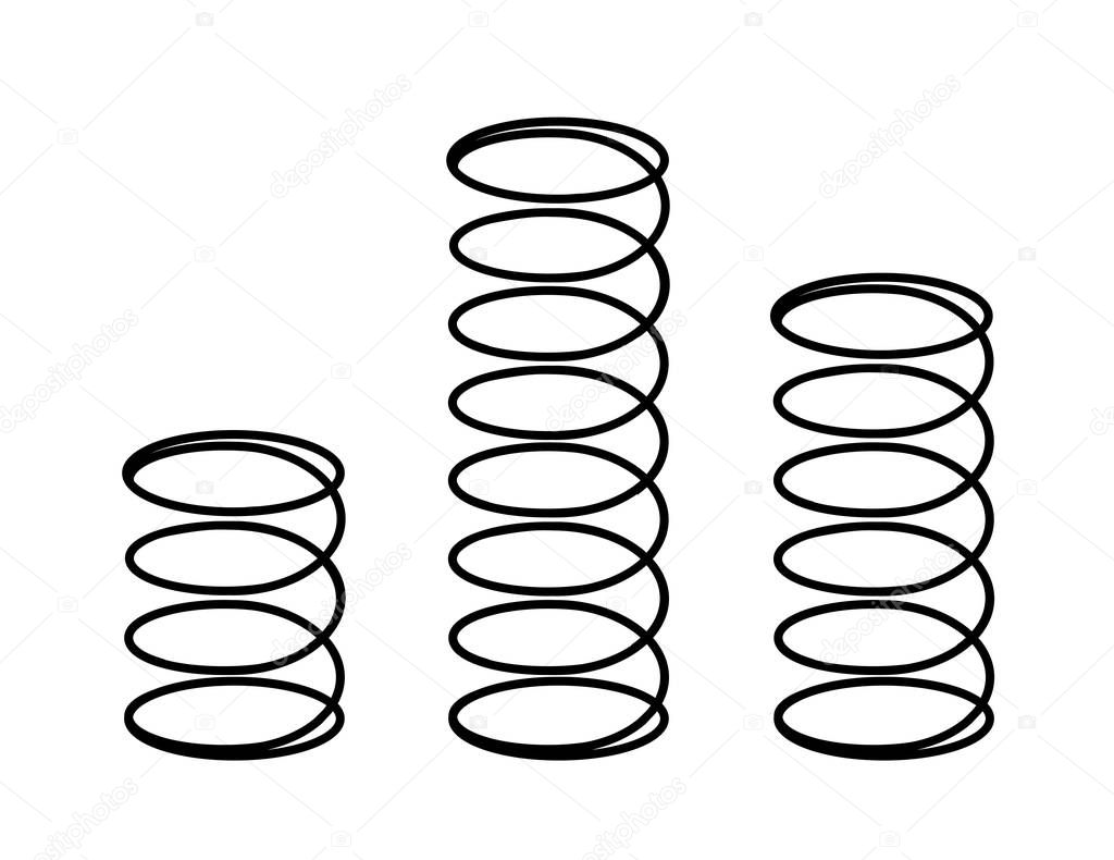 Set of black metal flexible springs on white. Vector illustration of coil spring.  Mattress spring flat icon. Spiral springs of swirl line or curved wire cords, shock absorbers or equipment parts.