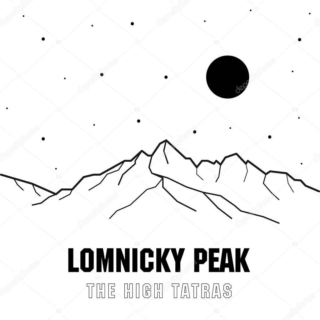 The second highest peak of the High Tatras - Lomnicky peak. Mountains in Slovakia. Europe. Vector black and white illustration of mountains.