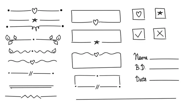 Divisores Adornos Con Corazón Estrella Hoja Decoración Dibujada Mano Divisor — Vector de stock