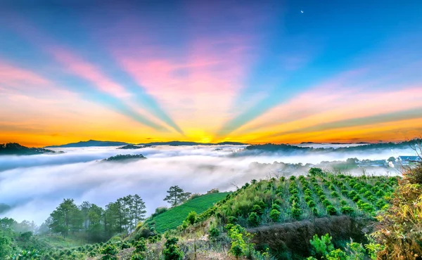 Sonnenaufgang Auf Dem Plateau Wenn Sonnenschein Schöne Sonnenstrahlen Erzeugt Wolken — Stockfoto