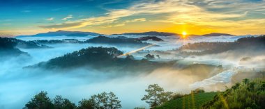 Hillside güneşin ufuk olarak üzerinde gündoğumu yansıtan ışık parlak sarı gökyüzü. Bulutlu sis kaplı vadiler sular altında çam ormanlar etkileyici güzellik highlands sabah oluşturmak.